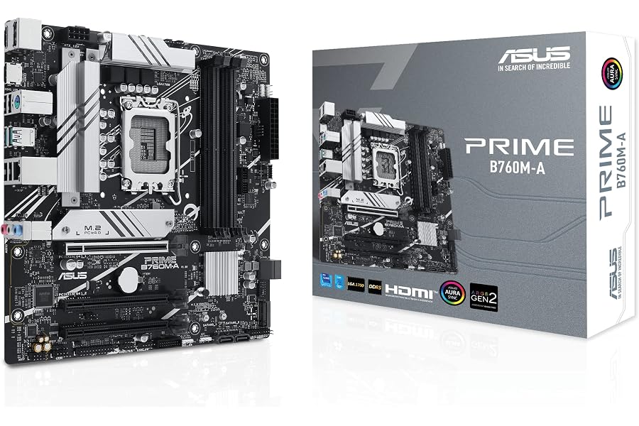 Amazon listing image: ASUS Prime B760M-A Intel LGA 1700 mATX Motherboard with PCIe 4.0, DDR5, Two M.2 Slots,…