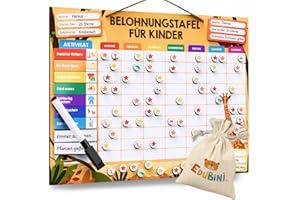 EDUBINI Belohnungstafel für Kinder - [100 Aufgaben + 350 Magnete] - Belohnungssystem für Verantwortung - Family Plan, Montessori Magnettafel, Wochenplaner, Adhs Hilfsmittel - inkl. Tasche, Stift (Safari)