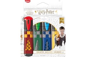 MAPED - Pack de Subrayadores - Colección de Harry Potter - 4 Subrayadores con Diseño Lúdico - Amarillo, Rojo, Azul y Verde - Punta Biselada - Tapón a Presión - Ideal para Apuntes, 740701