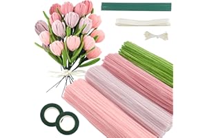 Galerie SV Rosa Tulip Bouquet Pfeifenreiniger Set, 400 Stück Pfeifenputzer zum Basteln 4 Farben Pipe Cleaner mit 20 Stück Grünem Bastelfaden, Geschenkband, Klebeband（Dunkelrosa, Mittelrosa, Hellrosa）