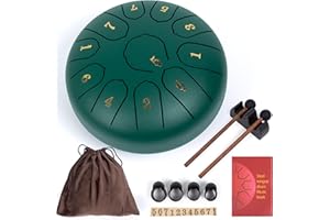 Amkoskr Rain Drum for Outside, 6 Inches 11 Notes Steel Tongue Drum C Major Steel-Drum Instrument for Yoga, Meditation, Music Education, Gift, Green