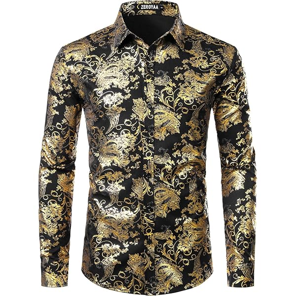 ZEROYAA Mens Hipster 3D Rose Deign Slim Fit Long Sleeve Button Up