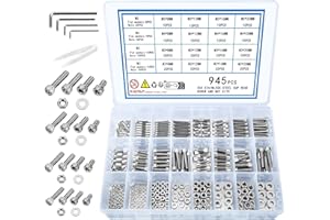 KOXXIAMOQ Zestaw 945 sztuk śrub cylindrycznych z łbem sześciokątnym z nakrętkami, M2, M3, M4, M5, śruby maszynowe, śruby gwintowane z nakrętkami i podkładkami, zestaw 945 sztuk