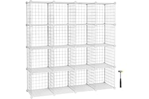 SONGMICS 16 Cube Metal Wire Storage Organiser, DIY Closet Cabinet and Modular Shelving Grids, Wire Mesh Shelves and Rack, White LPI44W
