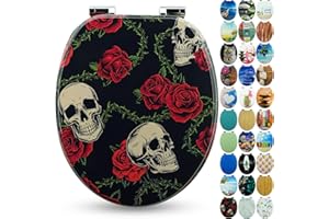 Sanfino® Premio Sedile WC ammortizzato - Copriwater Universale di alta qualità in legno, tanti motivi colorati, seduta comoda, facile da montare con istruzioni di montaggio incluse - "Rose Skull"