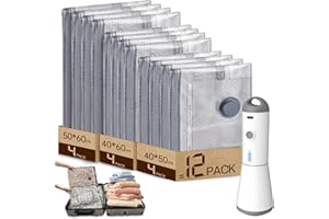 Vacbird Bolsas de Vacío Ropa con Bomba de Vacío Eléctrica Inalámbrica, 12 Bolsas al Vacío para Ropa (4 pequeñas, 4 medianas, 4 grandes), Ahorro de Espacio, Ideal para ArtíCulos De Viaje