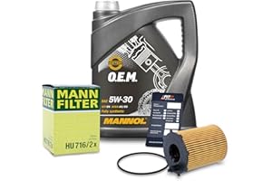 BESTPRICE Inspektionspaket Ölwechsel Filterset mit 1x MANN-FILTER Ölfilter, 1x MANNOL Motoröl 5W-30 5L, 1x Ölwechselanhänger