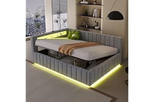 RIAZOS Polsterbett Schlafsofa 140x200, Doppelbett mit Hydraulischem Stauraum, mit LED-Licht und USB-Ladefunktion, Tagesbett Jugendbett mit Lattenrost, Samtstoff, ohne Matratze, Hellgrau