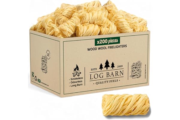 Log Barn Encendedores Naturales - Caja de 200, Pastillas de Encendido para Barbacoa, Estufas de Leña, Hornos de Pizza, Chimeneas, Lana de Madera para Encender Fuego - Auténtica Leña Log Barn