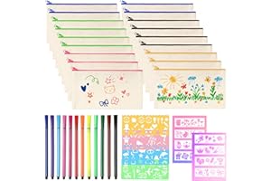 Votoko 18 Pièces DIY Pochette Tissu Zippée Avec Crayons Aquarelle et Gabarits, 12 x 21cm Trousse Personnalisable, Vierge Toile de Rangement, Anniversaire Enfant