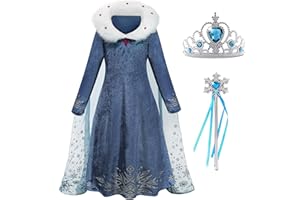 Foierp Ragazze Elsa Costume - Principessa Elsa Vestito con Mantello, Bacchetta di Fata e Corona Tiara, Halloween Cosplay Compleanno Fancy Dress con Colletto in Peluche