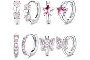 JeweBella 4Paires Petites Boucles d'oreilles Créoles Argent pour Femme Fille Hypoallergénique Rose/Bleu Cœur Étoile Papillon Zirconium Huggie Boucles d'oreilles Créoles Ensemble pour Enfants