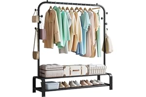 SMILOVII Metal Coat Stand Rack, Heavy Duty Clothes Rail for Bedroom, Free Standing Garment Hanging Rails, Clothes Storage Organiser, Clothing Rail Shoe Rack, 4 Side Hooks Sturdy Storage Shelf, Black