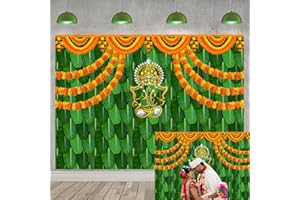 RUYI India Pooja Traditional Backdrop for Photography 7x5FT Marigold Green Banana Leaf Chatiya Ganesh Traditional Festival Background Puja Ganpati Wedding Party Decorations Photo Props