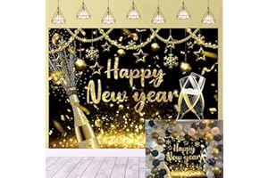 BUTEN Toile de Fond « Happy New Year » 2025 - Noir et doré - Paillettes pour Le Nouvel an 2025 - Fournitures de décoration de fête - 2,1 x 1,5 m