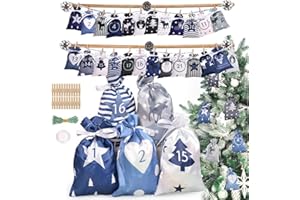 MHwan Calendrier de lAvent Vide, 24 Pièces Calendrier de l Avent a Remplir Soit Meme, En Tissu Satiné Lisse Et Brillant, Beaux Et Exquis Sacs de Pochette Calendrier de lAvent (Bleu, Gris)