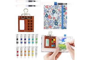‎XIALVYU Mini Aquarell Travel Set mit Binder-Clips, Pocket Aquarell Set, Aquarellfarben Farbkasten 12 Farbe & Mini Holz Malpalette mit 8 Grids & Skizzenbuch für Maler Künstler Studenten Hobbymaler (Blau)