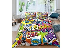 LOUSSIESD Hip-Hop Set di da letto per ragazzi e bambini,graffiti,hippie,cultura stradale,tema divertente,per camera da letto,con lacci con cerniera,in microfibra,1 copripiumino con 1 federa per letto singolo