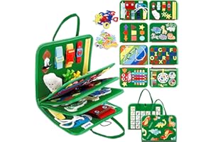 Esjay Toddler Busy Board, Montessori Toys for 1 2 3 4 Year Old, Sensory Board Book Toy Learning Activities for Motor Skills, Gifts for Boys Girls, Travel Toys for Airplane Car (Green-Multi)