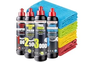 Detailmate Politur Set - Menzerna Autopolitur 250ml: Super Heavy Cut Compound HC1000 + Medium Cut 2500 + Final Finish FF3000 + Liquid Carnauba Versiegelung Wachs+ 4 Poliertücher für Auto Lack