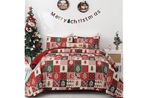 ‎WONGS BEDDING WONGS BEDDING Tagesdecke 240x260 Rot Grün Weihnachts Bettüberwurf Rotes Patchwork Doppelseite Wohndecke Schneeflocke Weihnachten Überdecke für Schlafzimmer Stepp Decke mit 2 Kissenbezüge 50x75cm