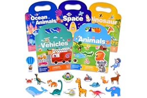 ASTARON Paquete de 5 libros de escenas reutilizables en 3D para niños de 2, 3 y 4 años, juego educativo de calcomanías de gelatina, juguetes de aprendizaje sensorial, calcomanías de viaje y libro