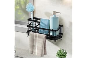 UMILKI Soporte Esponjo Fregadero, Resistente al óxido Organizador de Fregadero con Bandeja de Goteo Extraíble, Toallero, Organizador Cocina Fregadero para Artículos de Tocador Utensilios de Cocina