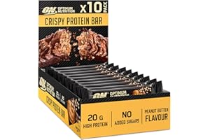 Optimum Nutrition Crispy Protein Bars, barres protéinées, sans sucres ajoutés, goûter sportif pour hommes et femmes, goût beurre de cacahuète, 10 x 65g