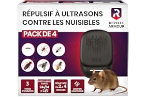 REPELIX ARMOUR Répulsif à ultrasons contre les nuisibles pour intérieur – Pack de 4 – Couvre 140m² par appareil – 3 modes – Repousse souris, rats, araignées, moustiques, fourmis, insectes & mouches, PR-025 (Noir)