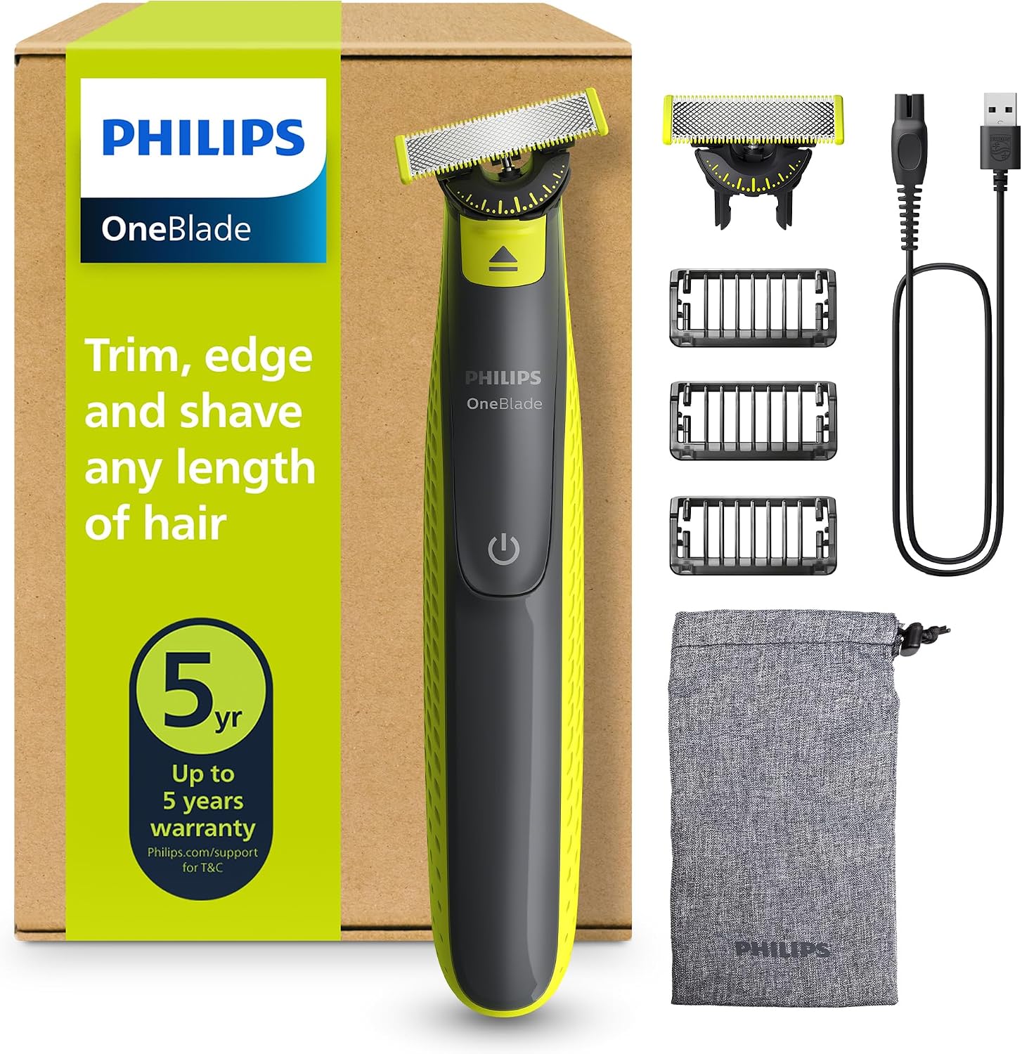 Philips OneBlade 360 Auténtico Recortadora y afeitadora eléctrica para barba, 2 cuchillas 360, 3 peines para barba incipiente (1,3,5 mm), QP2724/31