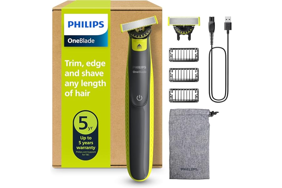 Philips OneBlade 360 Auténtico Recortadora y afeitadora eléctrica para barba, 2 cuchillas 360, 3 peines para barba incipiente