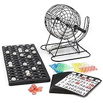 Bingo Game Metal Drum 18 Bingo Tickets 75 Bingo Balls 150 Chips Game Board 500 Bingo Cards Black Adults Children