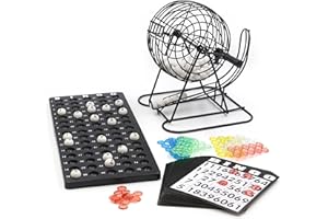 KYTO Jeu de Bingo - Tambour en métal - 18 billets de bingo - 75 balles de bingo - 150 jetons - Plateau de jeu noir - Pour adultes et enfants - Basic (2026)