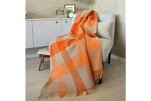Linen & Cotton Warme Decke Wolldecke Kariert Wohndecke Kuscheldecke Devon - 100% Reine Neuseeland Wolle, Orange/Beige/Natur (140 x 200 cm), Sofadecke/Tagesdecke/Überwurf Plaid Blanket/Schurwolle