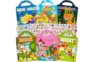 Aannanl 6 Pièces Livre Gommettes Enfants 2 3 4 5 Ans,Livre Stickers Enfant Activite Autocollant en 3D Réutilisable Inclut les Ferme, les Dinosaures, les Animaux, l'Océan, les Insectes