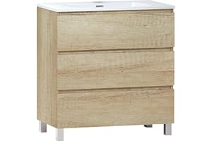 Baikal Mueble de Baño TRIX, Distribución de 3 cajones, con Patas y con Lavabo cerámico. Melamina 16mm. Distintas Medidas y Acabados Disponibles. Mueble MONTADO