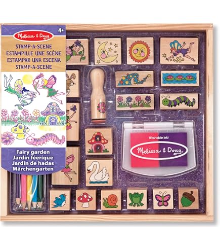 Melissa & Doug Jeu De Tampons Deluxe En Bois – 26 Tampons Animaux, Sucreries + 4 Encres & Crayons, Créativité Enfants 3-7 Ans