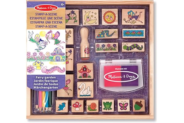 Melissa & Doug Jeu de timbres en bois Jardin Féerique, Cadeau pour filles et garçons, 20 timbres, tampon d’encre, 5 crayons, Jouet créatif, Loisirs créatifs pour filles et garçons de 3 4 5 6 7 ans