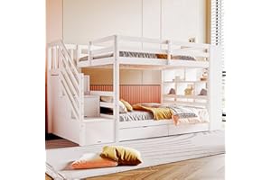 Moimhear Letto a castello 90x200 cm, scala di sicurezza con vani portaoggetti, cassetti portaoggetti e ampi armadietti, struttura alta recinzione, rete a doghe, letto in pino (bianco)