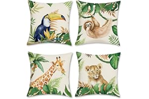 Bonhause Fundas de Cojín Animal Selva 45 x 45 cm Funda de Almohada León Jirafa Pereza Tucán Tropical Exterior Poliéster Lino Cojines Decorativos para Niños Bebé Sala de Guardería Juego de 4