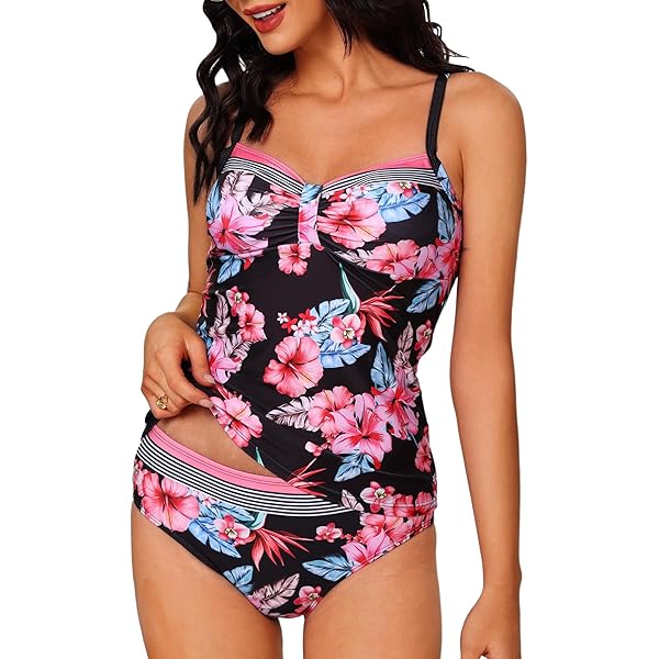 UPPADA Tankini Froncé Pour Femmes Maillots De Bain Col En V Noué Dans Le Dos Deux