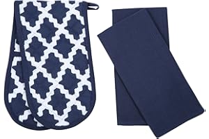 Penguin Home Heat Resistant Oven Gloves with Set of 2 Tea Towel For the festive season Christmas Oven Mitts Long Cuffs Baking Gloves for Kitchen, Cooking, (Diamond Navy) Size - (18x90 & 65x45 cm)