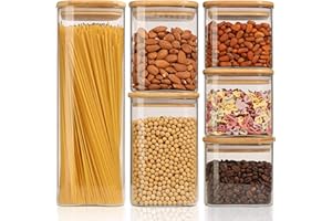 ComSaf Contenitori per alimenti con coperchi ermetici in bambù, set di 6, barattoli in vetro trasparente con coperchio sigillante, dispensa da cucina, per spaghetti, pasta, zucchero, farina