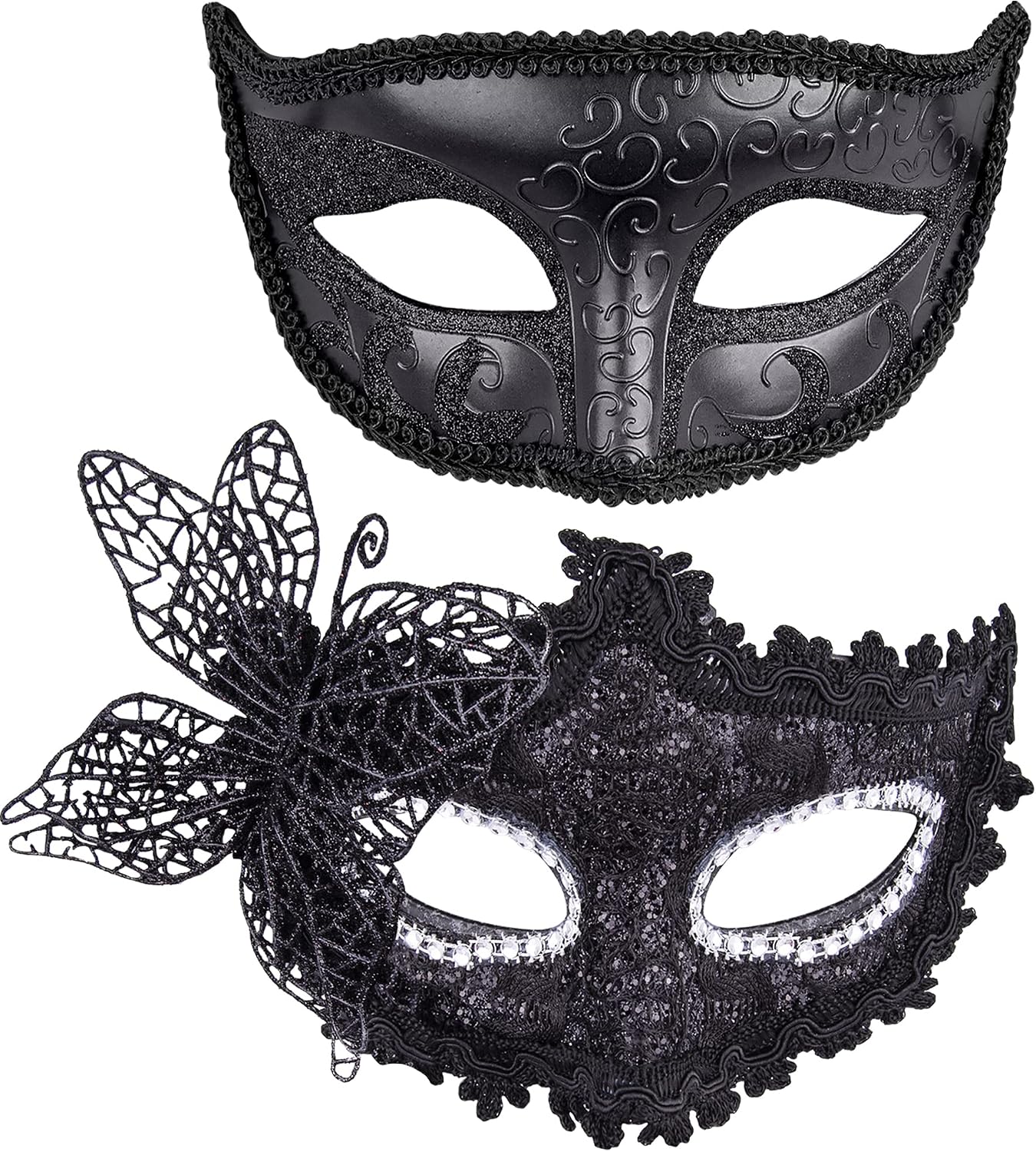 SIQUK 2 Piezas Máscara Veneciana Mujer Hombre Máscaras de Encaje Máscara para Veneciano Mascarada Fiesta de Baile, Negro