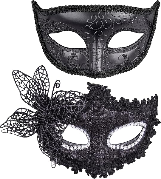 SIQUK 2 Piezas Máscara Veneciana Mujer Hombre Máscaras de Encaje Máscara para Veneciano Mascarada Fiesta de Baile, Negro - 1