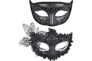 SIQUK 2 Piezas Máscara Veneciana Mujer Hombre Máscaras de Encaje Máscara para Veneciano Mascarada Fiesta de Baile, Negro