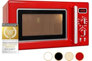 Exquisit® Microondas Retro, Capacidad 20L, Potencia 700W, 5 Niveles, Grill de 1000W, Funciones Microondas con Grill, Descongelación por Tiempo y por Peso, Color Rojo, Dimensiones 25,9x44x36 cm.
