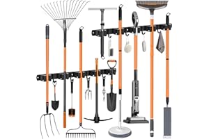 OMerima Accroche Balai Mural, Porte Balais Mural en Acier Inoxydable - 10 Supports + 8 Crochets, Support Balais Mural Sans Percer Noir, Utilisable en Cuisine, Salle de Bain, Jardin, Garage (2 Pièces)