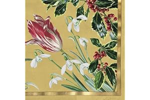 Caspari Winter Arrangement Floral RHS Gold Christmas Entertaining Dinner Napkins Pack of 20 Christmas Napkins Dinner size 40cm square 20 in pack 3 ply
