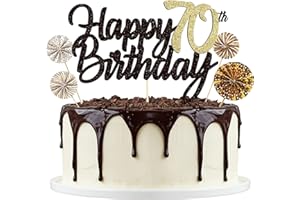 LOLLANDA Tortendeko Schwarzes Gold 70th, Happy Birthday Cake Topper, Papierfächer Cupcake, 70. Kuchendeko Tortenstecker für Geburtstag Deko Männer Frauen
